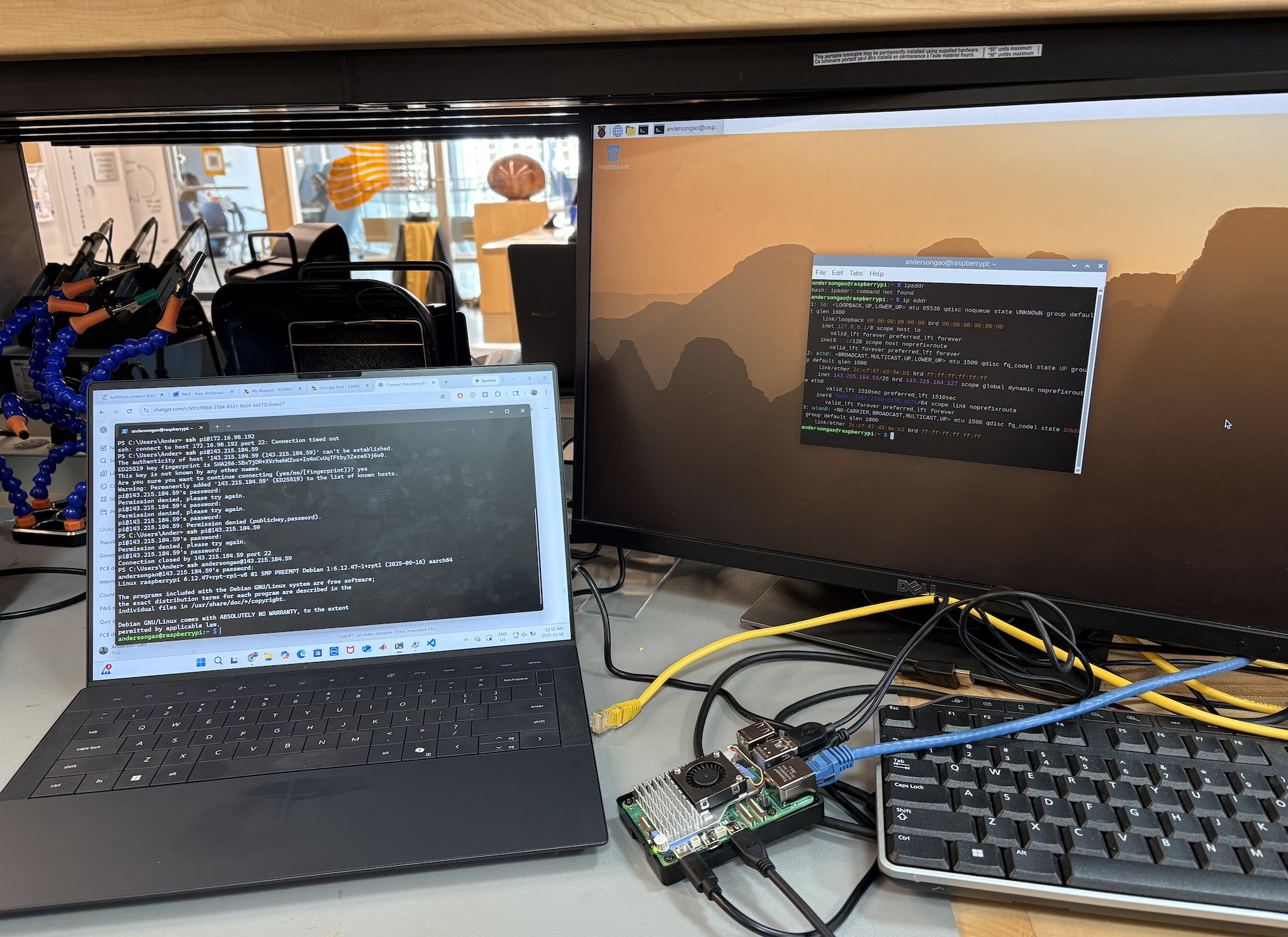 Development setup showing Raspberry Pi programming environment